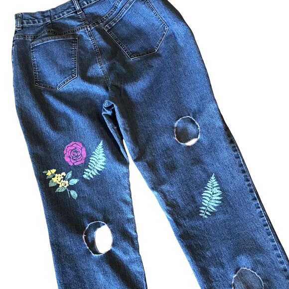 Upcycled Sonoma Jeans w/Cut-Outs, Painted Flower Funky Pants, Size 16 Short - Picture 3 of 15